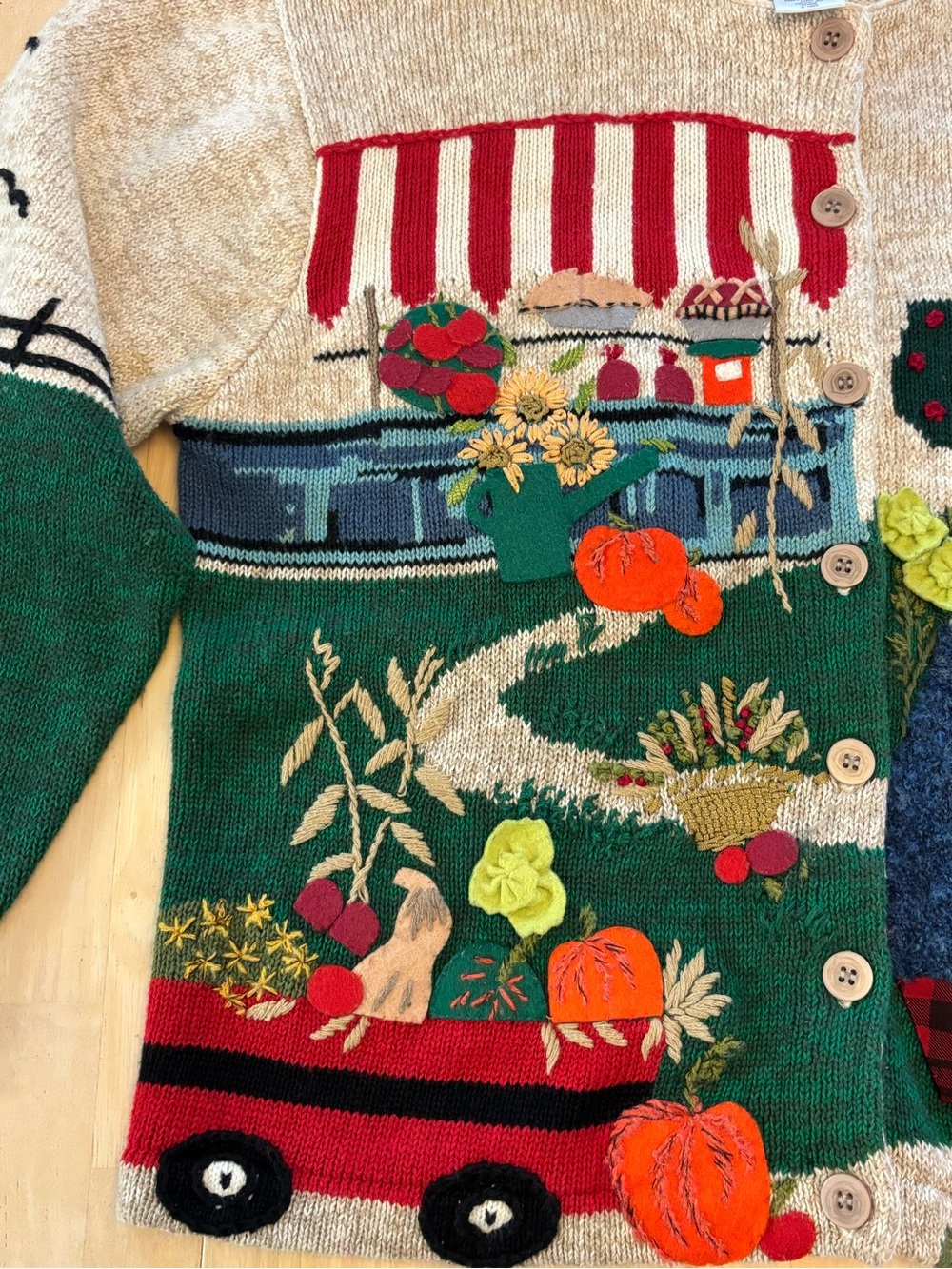 Susan Bristol Vintage 1999 Cat In A Sweater on a Farm!! Fall Autumn Cardigan - Picture 3 of 15